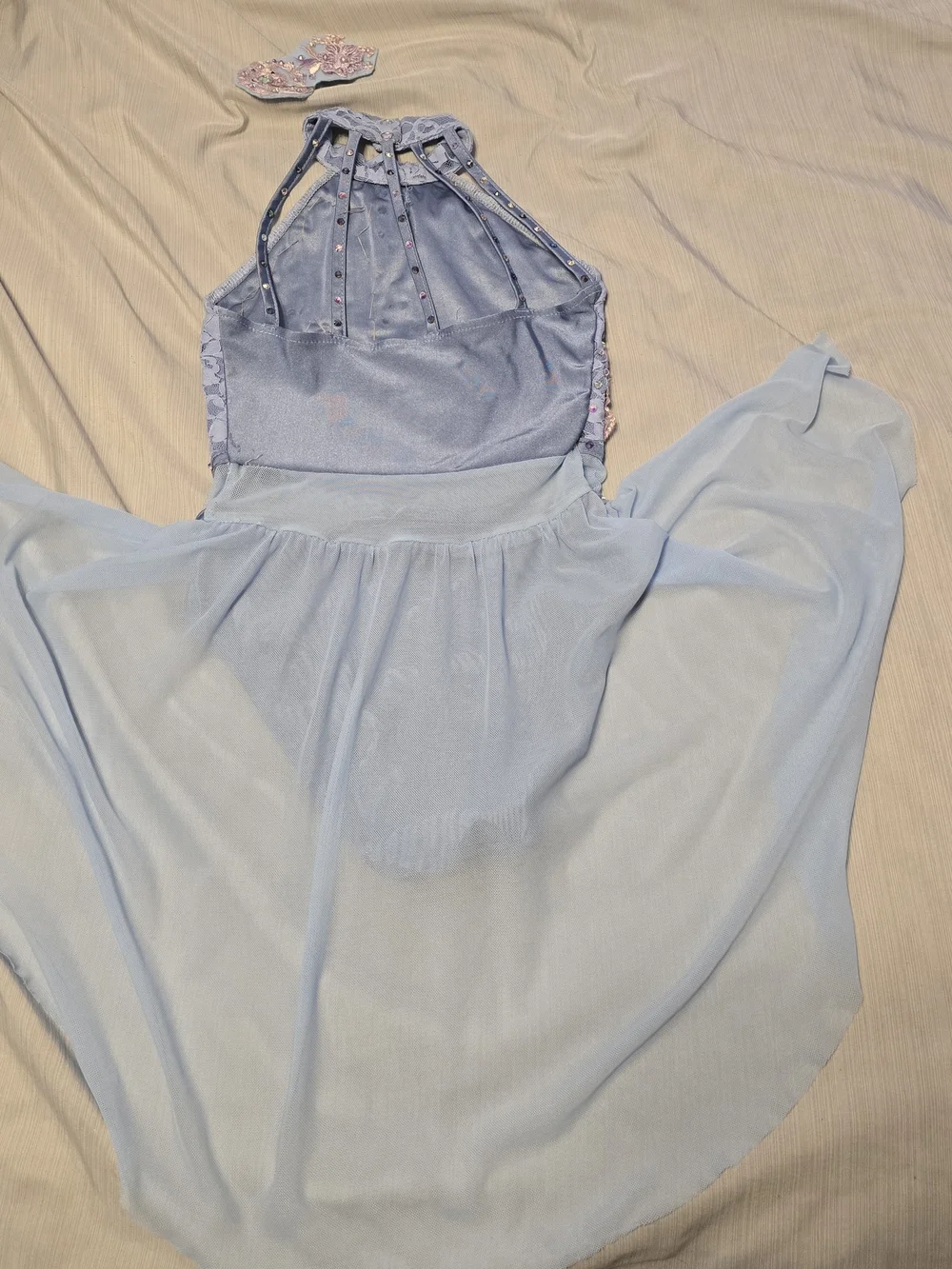 iEFiEL- Girls Light Blue Lace Halter Dance Costume with Sheer Skirt - Size 8
